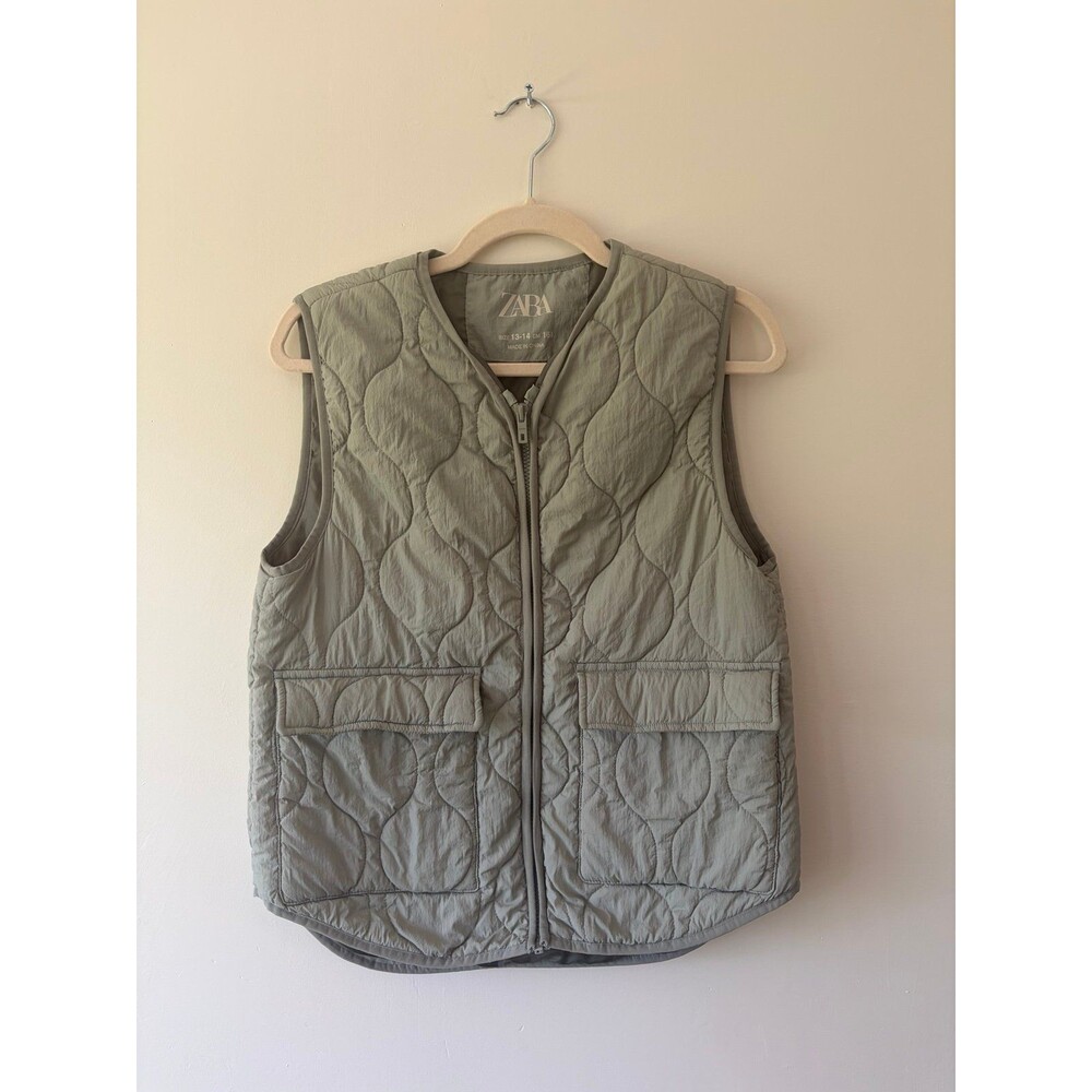 Zara Girls Quilted Vest Size 13-14 Olive Green Zip Front‎ Utility Pockets